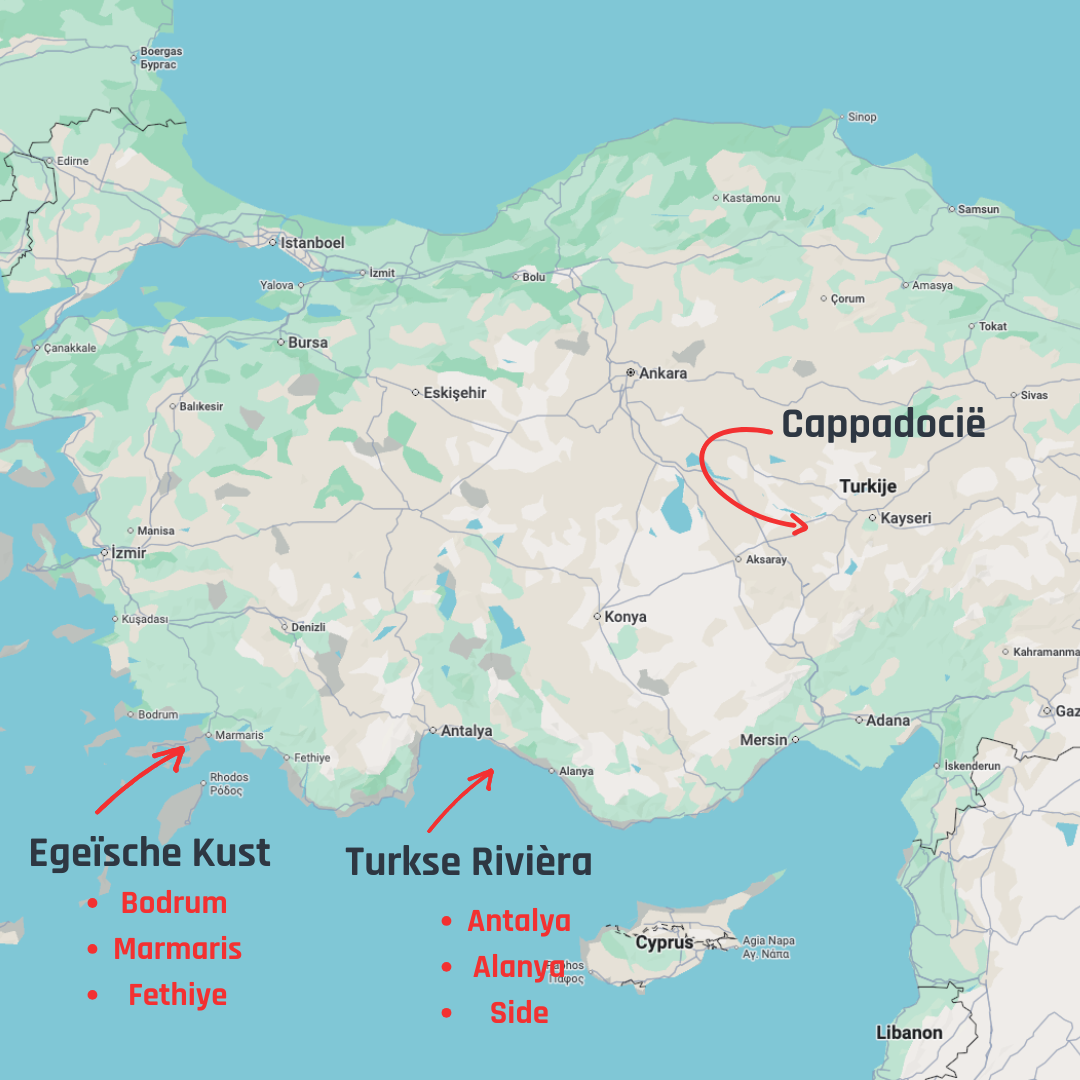 Kaart van Turkije met de regios Cappadocië, de Egeïsche Kust en Turkse Rivièra uitgelicht